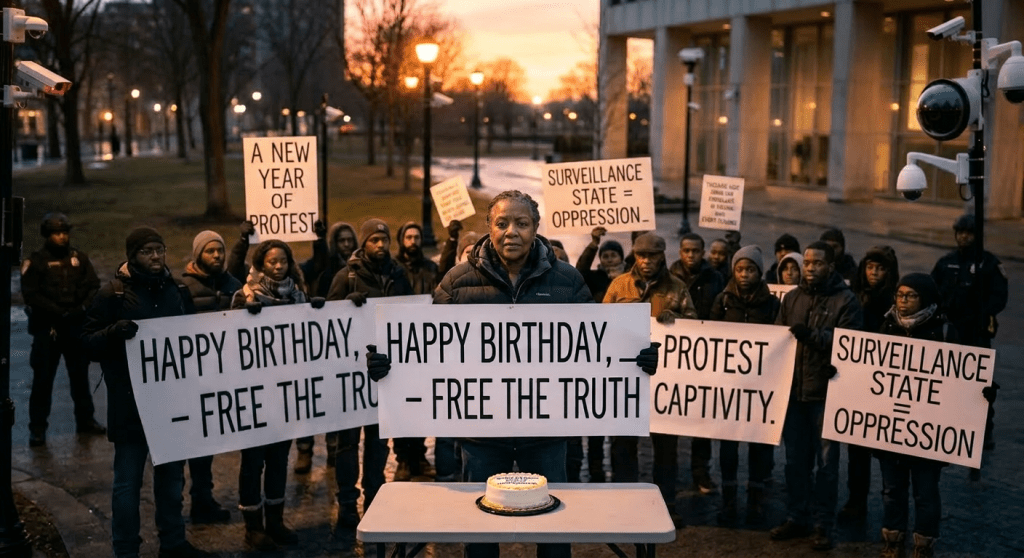 Group of people protesting with signs reading 'SURVEILLANCE STATE = OPPRESSION', 'BIRTHDAY PROTEST - AGING IN CAPTIVITY', and 'HAPPY BIRTHDAY, - FREE THE TRUTH'