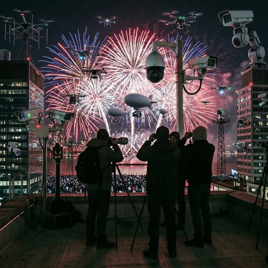 Photographers with cameras and tripods surrounded by multiple security cameras and drones during a fireworks display