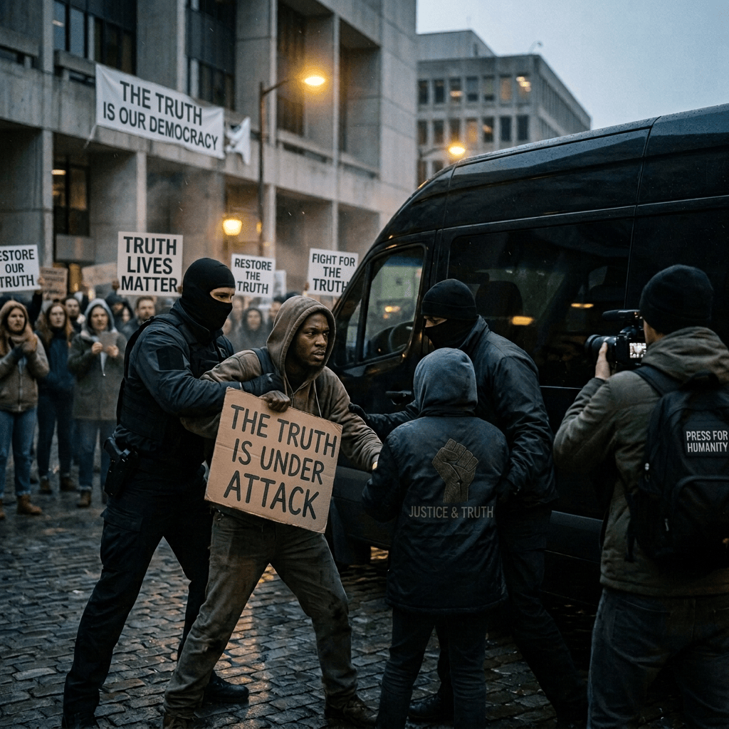Protester holding “TRUTH IS OUR DEFENSE” sign near masked officers and van
